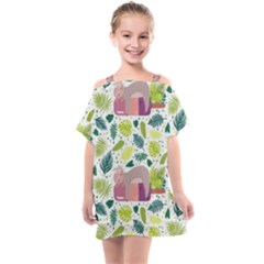 Cute Sloth Sleeping Ice Cream Surrounded By Green Tropical Leaves Kids  One Piece Chiffon Dress by Vaneshart