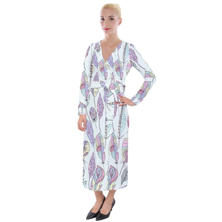 Vector Illustration Seamless Multicolored Pattern Feathers Birds Velvet Maxi Wrap Dress