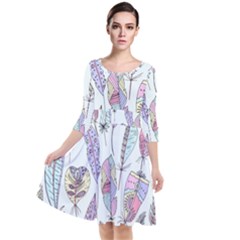 Vector Illustration Seamless Multicolored Pattern Feathers Birds Quarter Sleeve Waist Band Dress