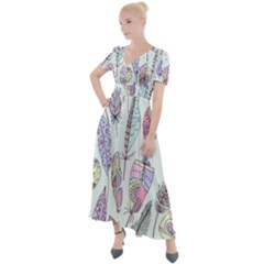 Vector Illustration Seamless Multicolored Pattern Feathers Birds Button Up Short Sleeve Maxi Dress