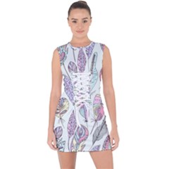 Vector Illustration Seamless Multicolored Pattern Feathers Birds Lace Up Front Bodycon Dress by Vaneshart