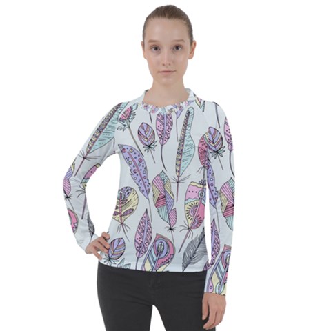 Vector Illustration Seamless Multicolored Pattern Feathers Birds Women s Pique Long Sleeve Tee by Vaneshart