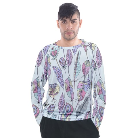 Vector Illustration Seamless Multicolored Pattern Feathers Birds Men s Long Sleeve Raglan Tee by Vaneshart