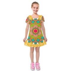 Mandala Patterns Yellow Kids  Short Sleeve Velvet Dress