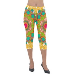 Mandala Patterns Yellow Lightweight Velour Capri Leggings  by Vaneshart