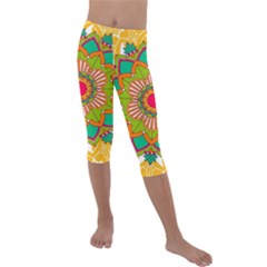 Mandala Patterns Yellow Kids  Lightweight Velour Capri Leggings  by Vaneshart