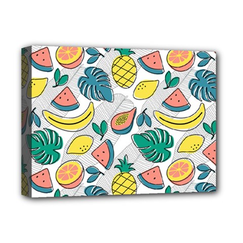 Seamless Pattern Tropical Fruit Banana Watermelon Papaya Lemon Orange Monstera Deluxe Canvas 16  X 12  (stretched)  by Vaneshart