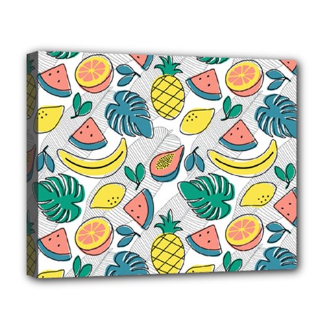 Seamless Pattern Tropical Fruit Banana Watermelon Papaya Lemon Orange Monstera Deluxe Canvas 20  X 16  (stretched) by Vaneshart