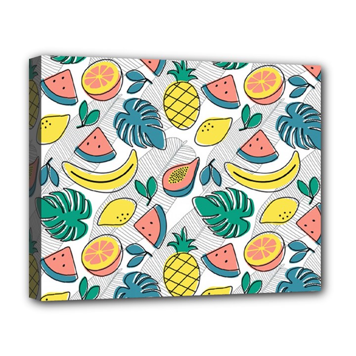 Seamless Pattern Tropical Fruit Banana Watermelon Papaya Lemon Orange Monstera Deluxe Canvas 20  x 16  (Stretched)