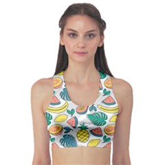 Seamless Pattern Tropical Fruit Banana Watermelon Papaya Lemon Orange Monstera Sports Bra by Vaneshart