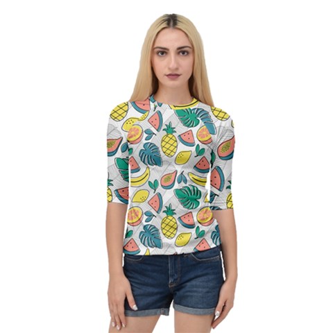 Seamless Pattern Tropical Fruit Banana Watermelon Papaya Lemon Orange Monstera Quarter Sleeve Raglan Tee by Vaneshart