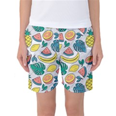 Seamless Pattern Tropical Fruit Banana Watermelon Papaya Lemon Orange Monstera Women s Basketball Shorts by Vaneshart