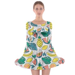 Seamless Pattern Tropical Fruit Banana Watermelon Papaya Lemon Orange Monstera Long Sleeve Skater Dress