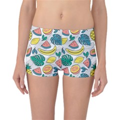 Seamless Pattern Tropical Fruit Banana Watermelon Papaya Lemon Orange Monstera Boyleg Bikini Bottoms by Vaneshart