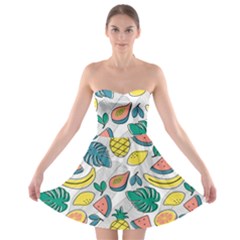 Seamless Pattern Tropical Fruit Banana Watermelon Papaya Lemon Orange Monstera Strapless Bra Top Dress by Vaneshart