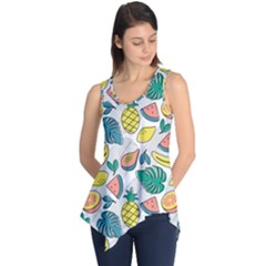 Seamless Pattern Tropical Fruit Banana Watermelon Papaya Lemon Orange Monstera Sleeveless Tunic by Vaneshart