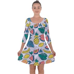 Seamless Pattern Tropical Fruit Banana Watermelon Papaya Lemon Orange Monstera Quarter Sleeve Skater Dress by Vaneshart