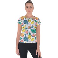 Seamless Pattern Tropical Fruit Banana Watermelon Papaya Lemon Orange Monstera Short Sleeve Sports Top  by Vaneshart