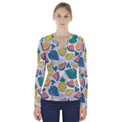 Seamless Pattern Tropical Fruit Banana Watermelon Papaya Lemon Orange Monstera V-neck Long Sleeve Top by Vaneshart