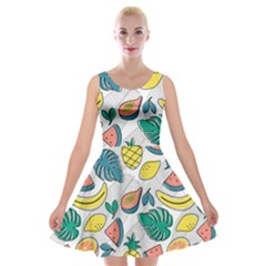 Seamless Pattern Tropical Fruit Banana Watermelon Papaya Lemon Orange Monstera Velvet Skater Dress by Vaneshart