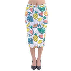 Seamless Pattern Tropical Fruit Banana Watermelon Papaya Lemon Orange Monstera Velvet Midi Pencil Skirt by Vaneshart