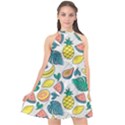 Seamless Pattern Tropical Fruit Banana Watermelon Papaya Lemon Orange Monstera Halter Neckline Chiffon Dress  View1