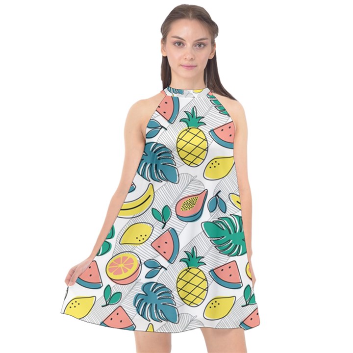 Seamless Pattern Tropical Fruit Banana Watermelon Papaya Lemon Orange Monstera Halter Neckline Chiffon Dress 