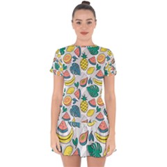 Seamless Pattern Tropical Fruit Banana Watermelon Papaya Lemon Orange Monstera Drop Hem Mini Chiffon Dress by Vaneshart