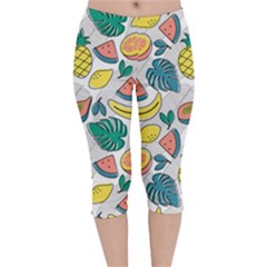 Seamless Pattern Tropical Fruit Banana Watermelon Papaya Lemon Orange Monstera Velvet Capri Leggings  by Vaneshart