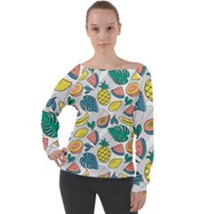 Seamless Pattern Tropical Fruit Banana Watermelon Papaya Lemon Orange Monstera Off Shoulder Long Sleeve Velour Top by Vaneshart