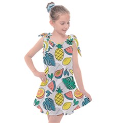 Seamless Pattern Tropical Fruit Banana Watermelon Papaya Lemon Orange Monstera Kids  Tie Up Tunic Dress by Vaneshart