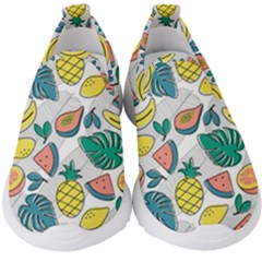 Seamless Pattern Tropical Fruit Banana Watermelon Papaya Lemon Orange Monstera Kids  Slip On Sneakers by Vaneshart