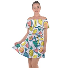 Seamless Pattern Tropical Fruit Banana Watermelon Papaya Lemon Orange Monstera Off Shoulder Velour Dress by Vaneshart