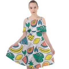 Seamless Pattern Tropical Fruit Banana Watermelon Papaya Lemon Orange Monstera Cut Out Shoulders Chiffon Dress