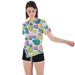 Seamless Pattern Tropical Fruit Banana Watermelon Papaya Lemon Orange Monstera Asymmetrical Short Sleeve Sports Tee by Vaneshart