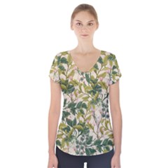 Flower Leaves Background Short Sleeve Front Detail Top by Vaneshart