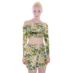 Flower Leaves Background Off Shoulder Top With Mini Skirt Set by Vaneshart