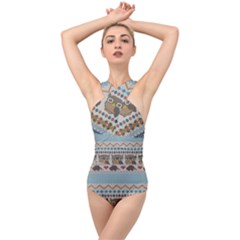 Fabric Texture With Owls Cross Front Low Back Swimsuit