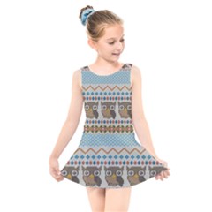 Fabric Texture With Owls Kids  Skater Dress Swimsuit