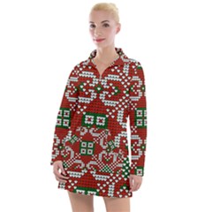 Grandma S Christmas Knitting Pattern Red Green White Colors Women s Long Sleeve Casual Dress by Vaneshart