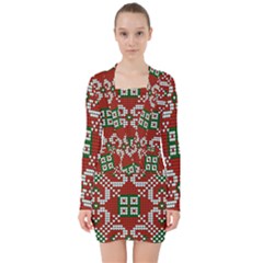 Grandma S Christmas Knitting Pattern Red Green White Colors V-neck Bodycon Long Sleeve Dress by Vaneshart