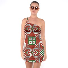 Grandma S Christmas Knitting Pattern Red Green White Colors One Soulder Bodycon Dress by Vaneshart