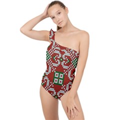 Grandma S Christmas Knitting Pattern Red Green White Colors Frilly One Shoulder Swimsuit by Vaneshart