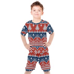 Vector Seamless Ornament Knitted Texture Kids  Tee And Shorts Set by Vaneshart