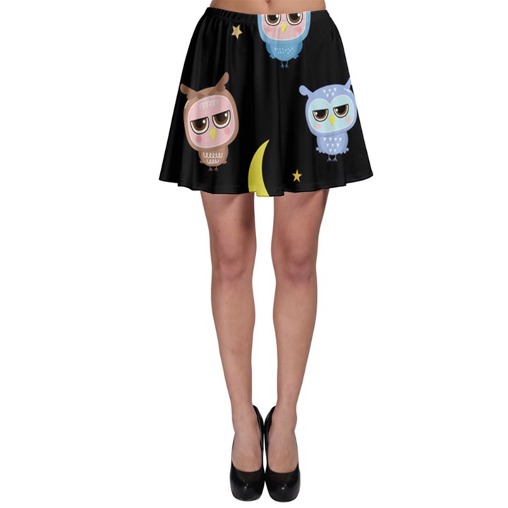 Cute Owl Doodles With Moon Star Seamless Pattern Skater Skirt