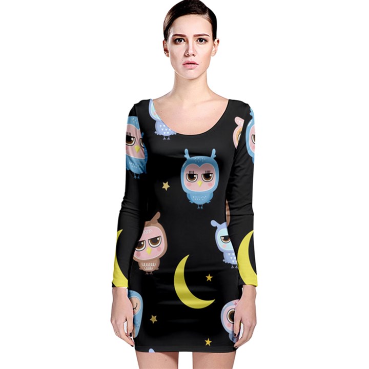 Cute Owl Doodles With Moon Star Seamless Pattern Long Sleeve Bodycon Dress