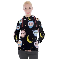 Cute Owl Doodles With Moon Star Seamless Pattern Women s Hooded Pullover