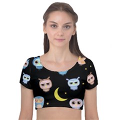 Cute Owl Doodles With Moon Star Seamless Pattern Velvet Short Sleeve Crop Top  by Vaneshart