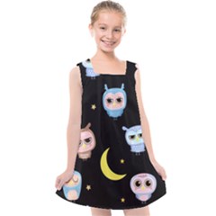 Cute Owl Doodles With Moon Star Seamless Pattern Kids  Cross Back Dress by Vaneshart