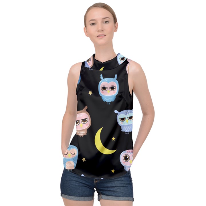 Cute Owl Doodles With Moon Star Seamless Pattern High Neck Satin Top